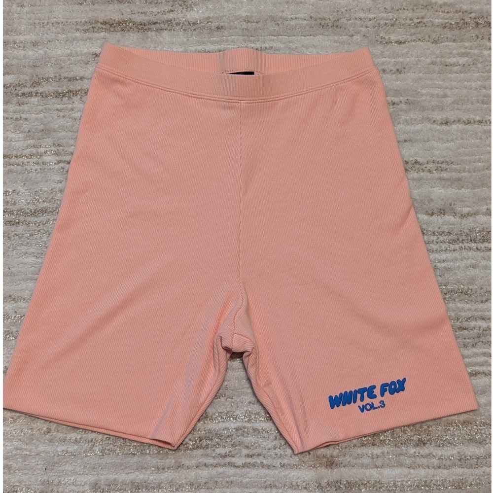White Fox Ribbed Biker Shorts Women Sz S Peach Puff Logo High Rise Pastel Lounge